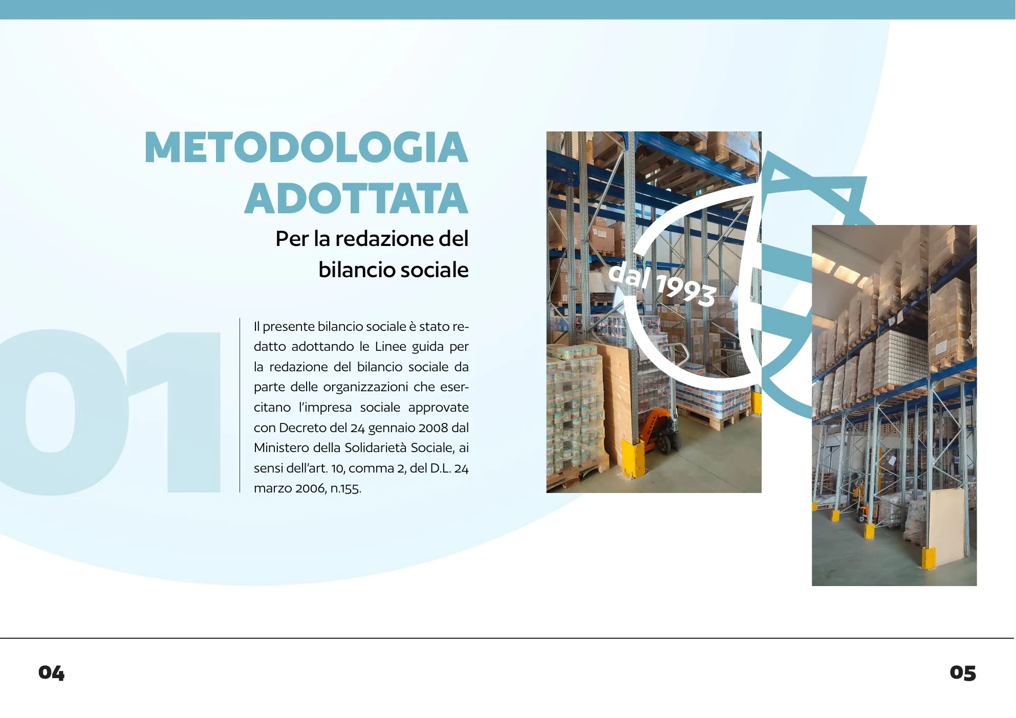 Capitolo 01: il numero dietro il testo, l’arco con «dal 1993» sopra le foto del magazzino