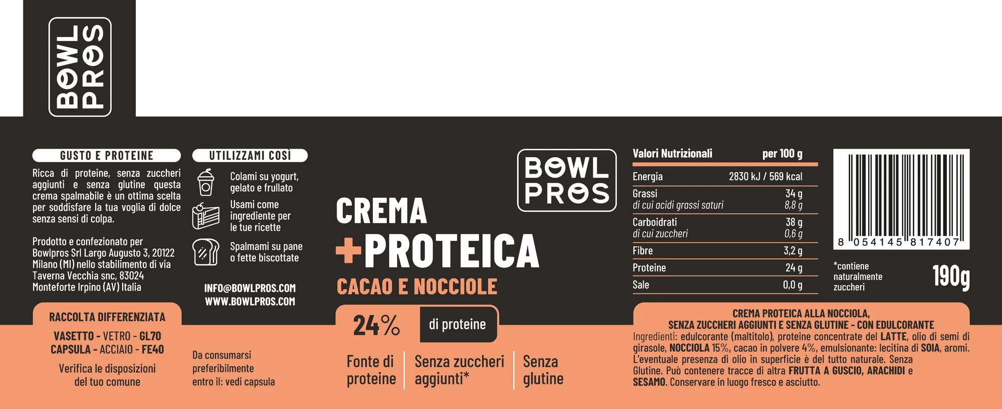 Creme proteiche · 180–200 g: Cacao e nocciole
